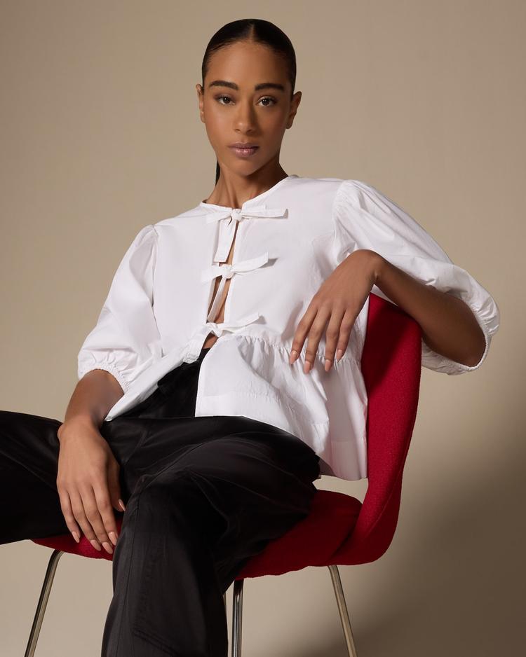 poplin front-tie peplum blouse with puffed-sleeves