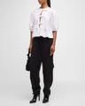 poplin front-tie peplum blouse with puffed-sleeves