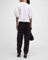 poplin front-tie peplum blouse with puffed-sleeves