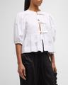 poplin front-tie peplum blouse with puffed-sleeves