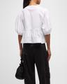 poplin front-tie peplum blouse with puffed-sleeves