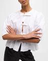 poplin front-tie peplum blouse with puffed-sleeves