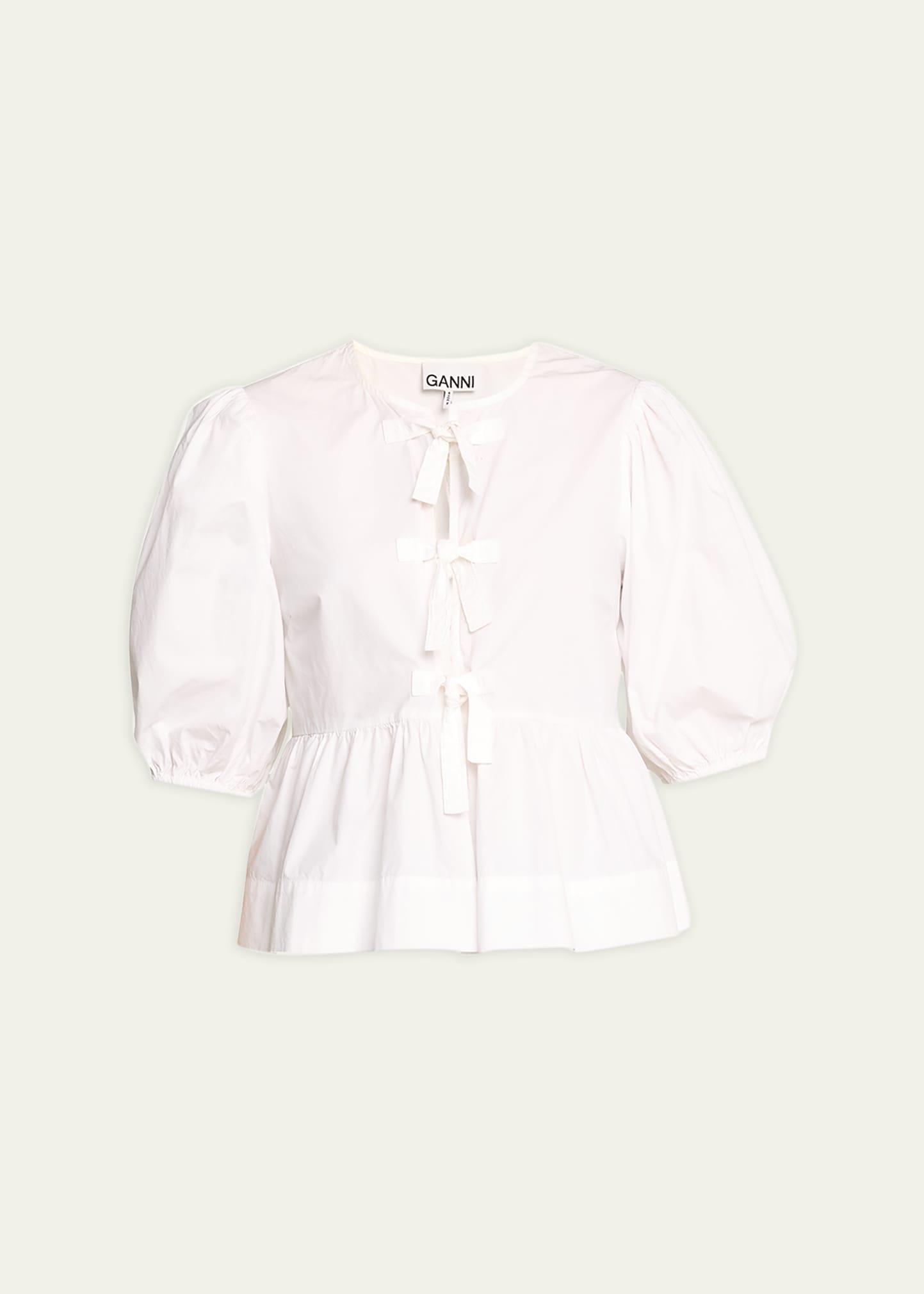 poplin front-tie peplum blouse with puffed-sleeves