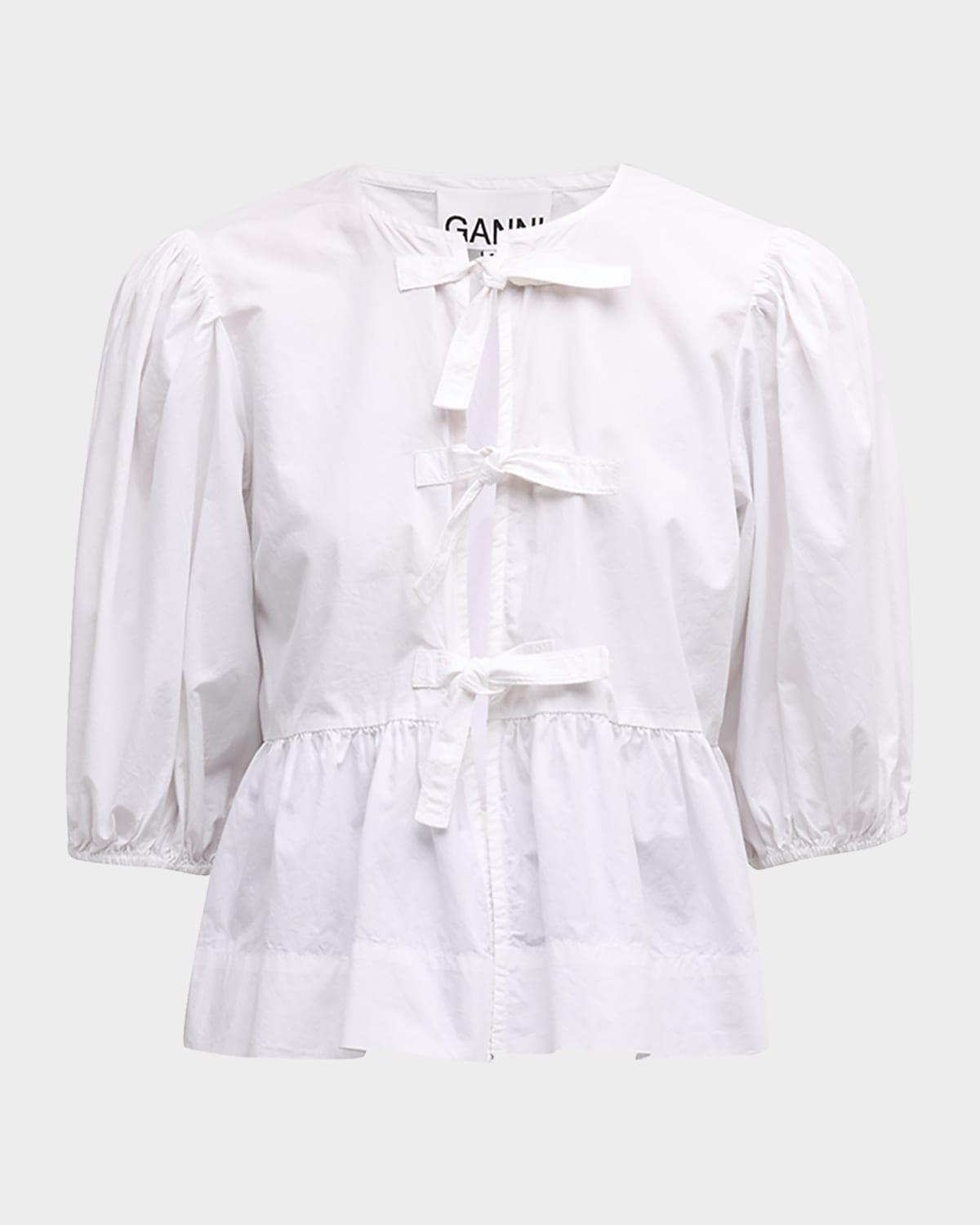 poplin front-tie peplum blouse with puffed-sleeves