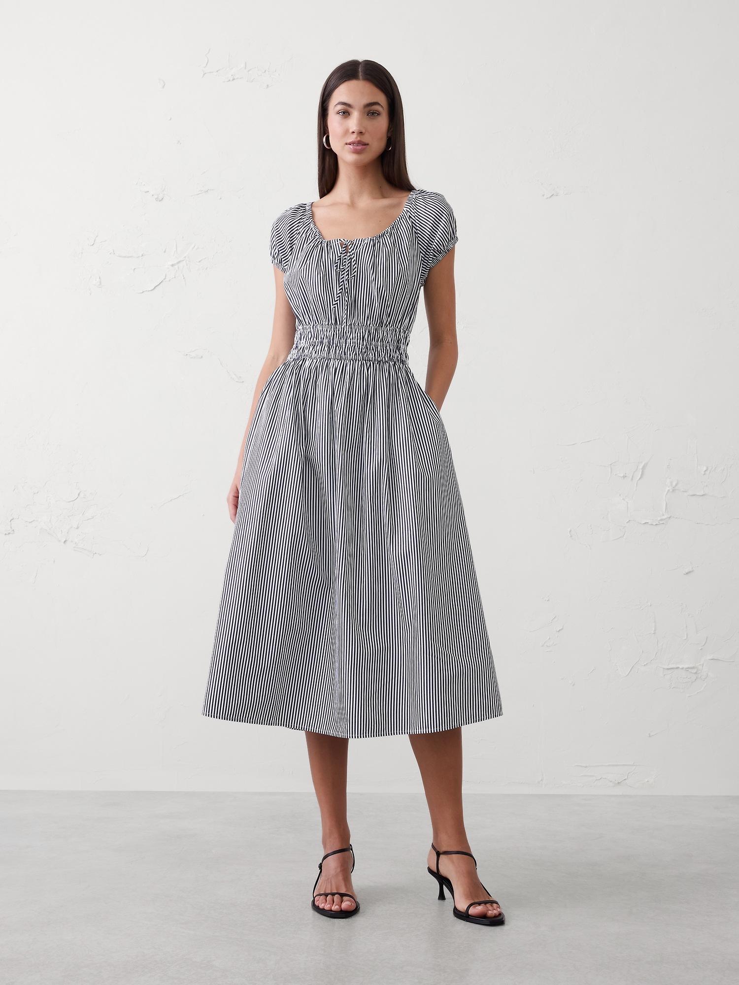 poplin gathered-neck midi dress