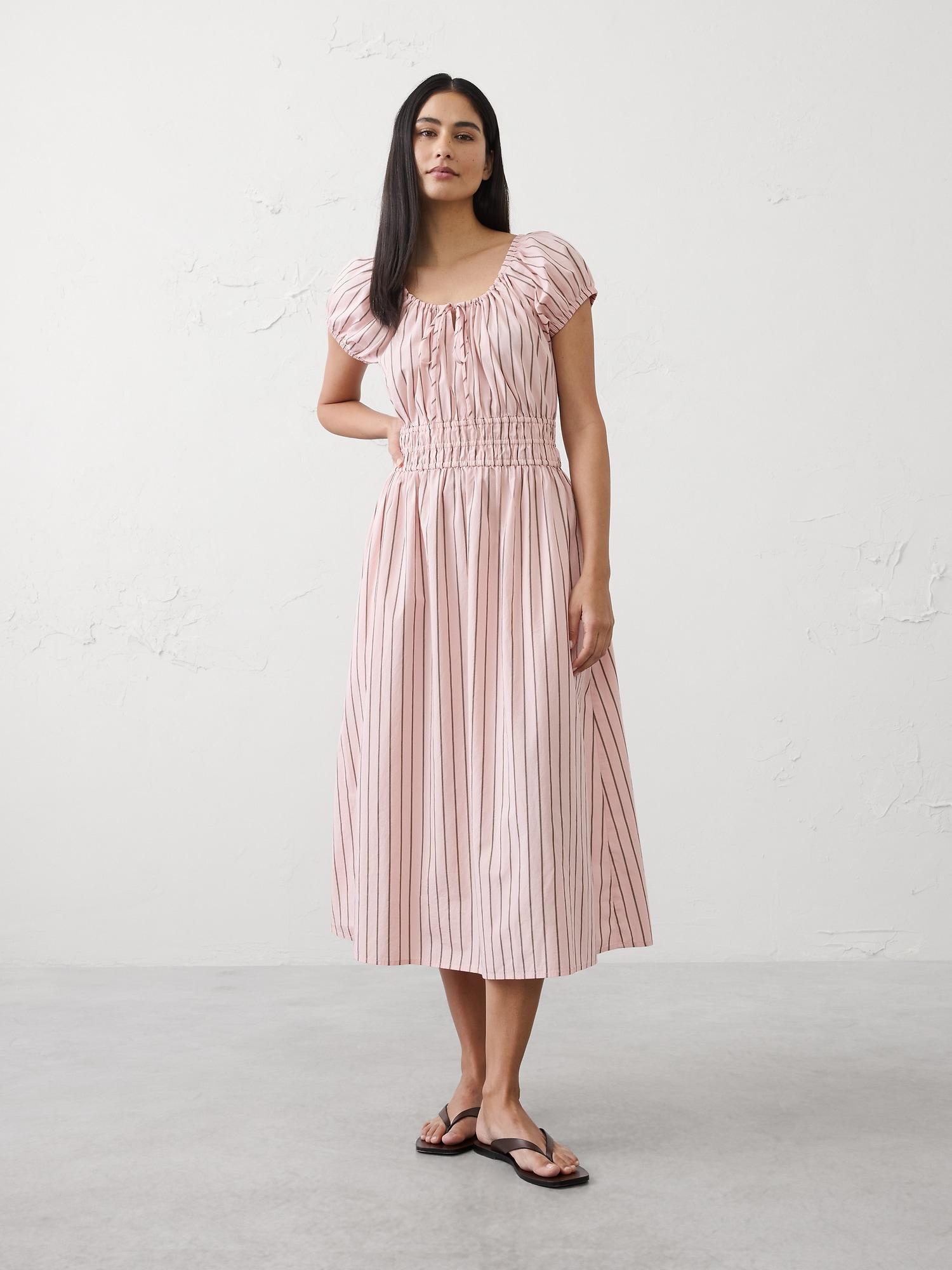 poplin gathered-neck midi dress