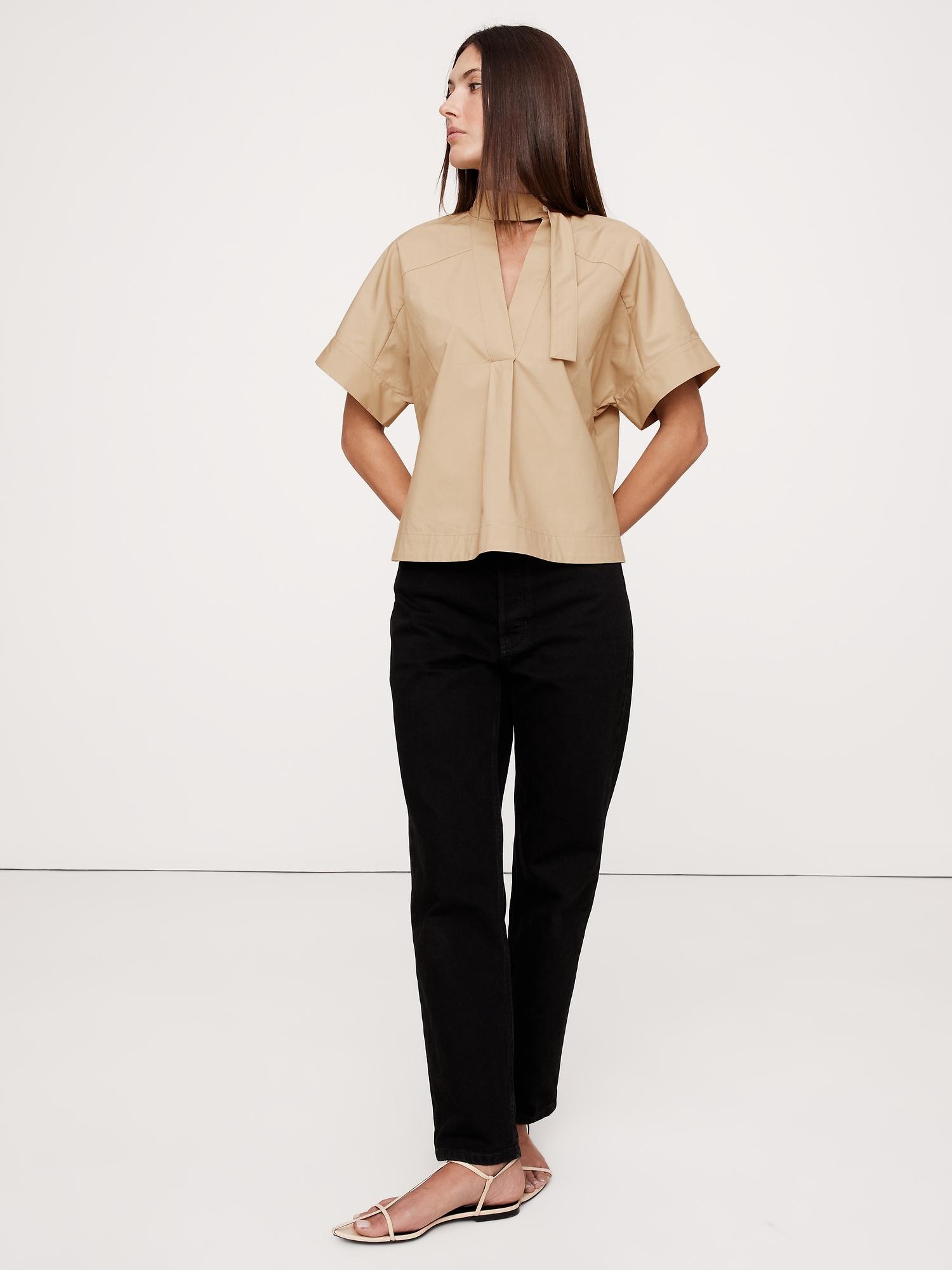 poplin popover tie-neck top