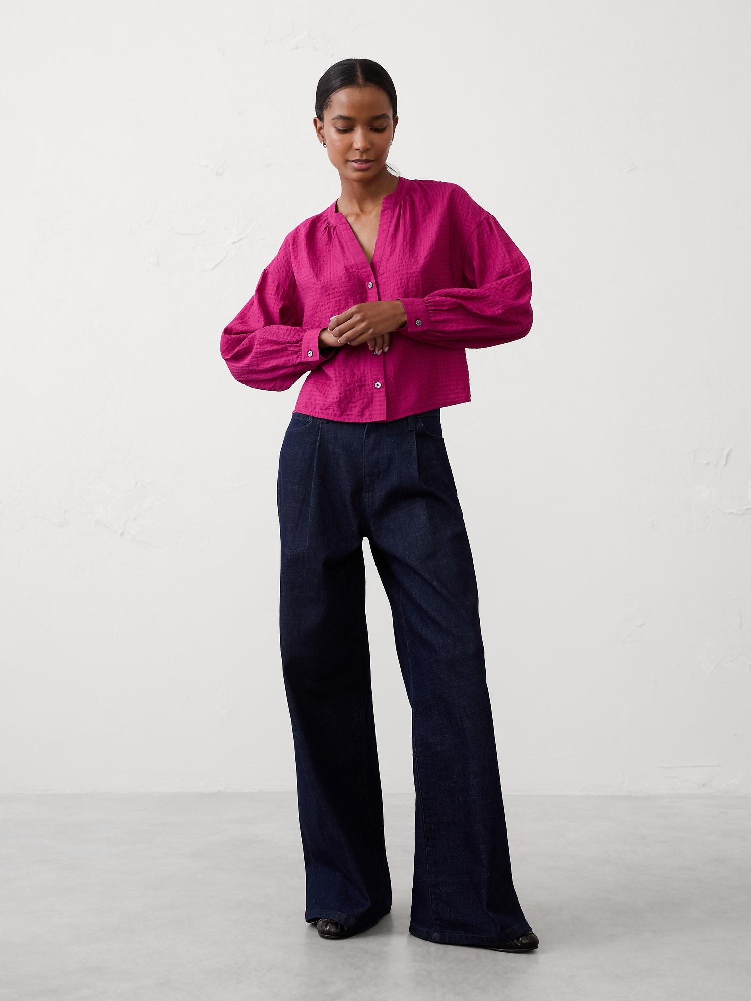 poplin puff-sleeve buttoned top