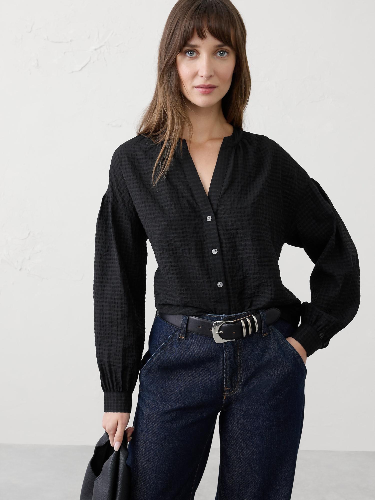 poplin puff-sleeve buttoned top