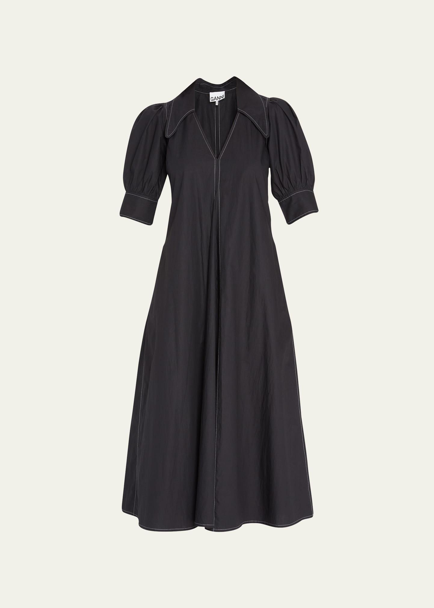 poplin puffed-sleeve topstitched midi dress