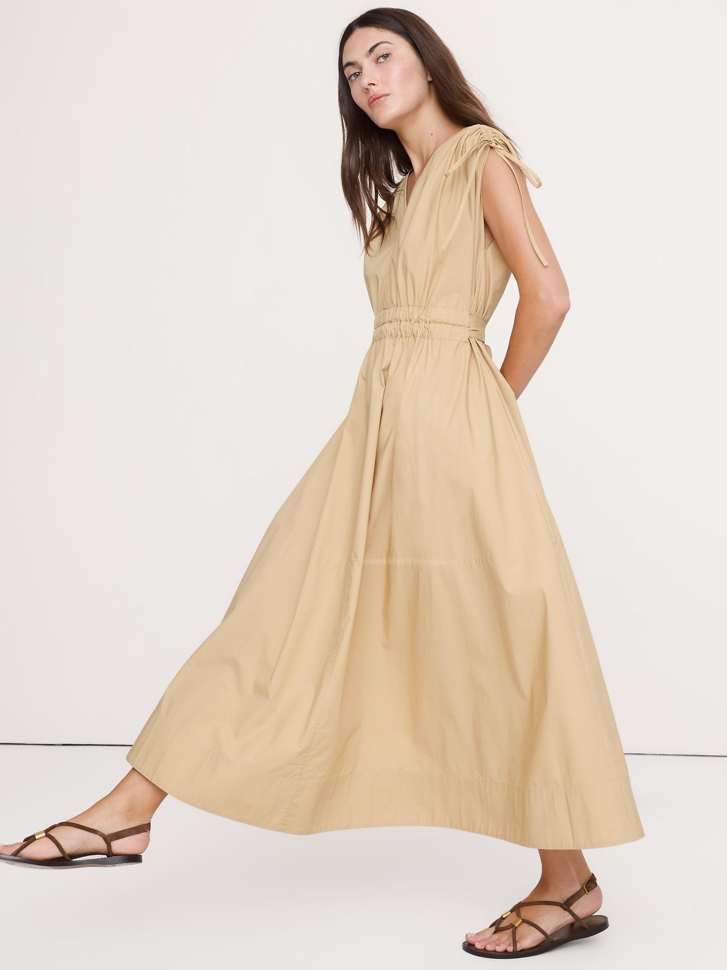 poplin ruched-shoulder maxi dress