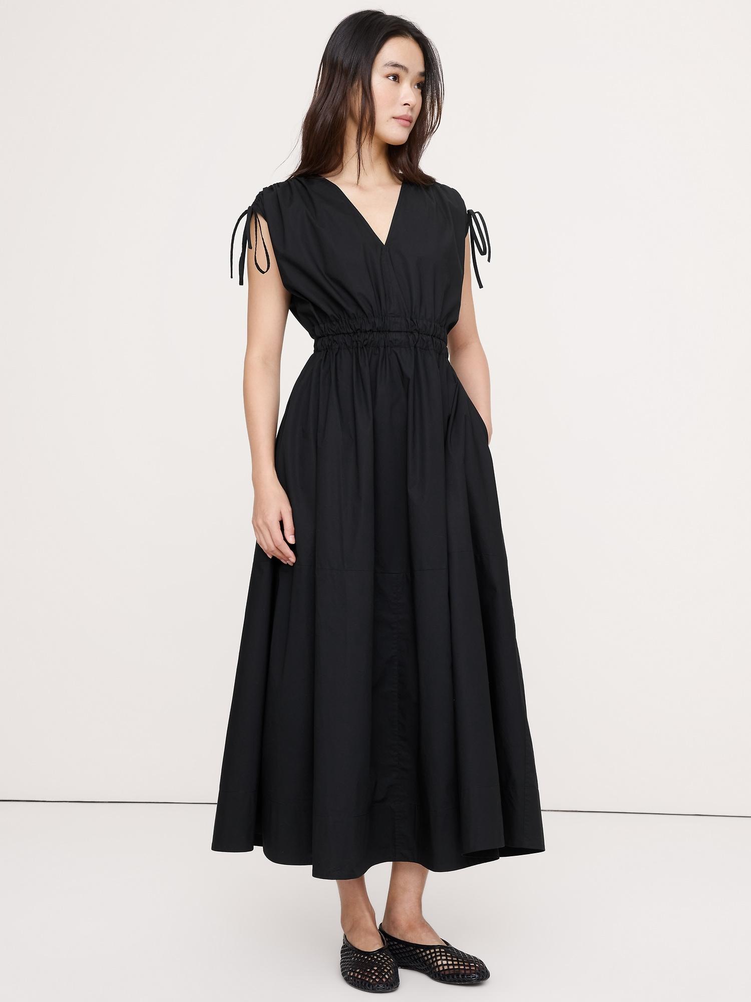 poplin ruched-shoulder maxi dress