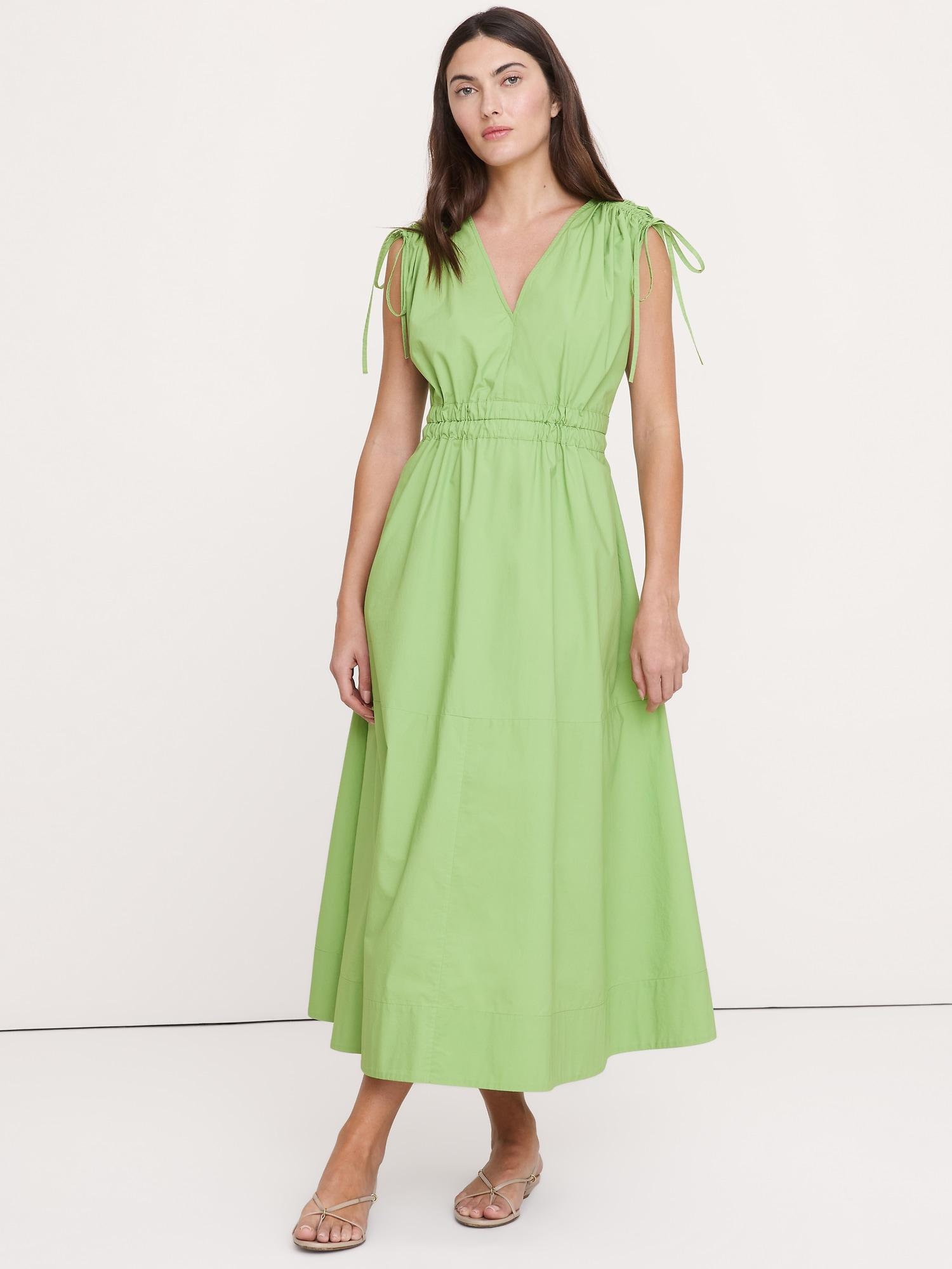 poplin ruched-shoulder maxi dress