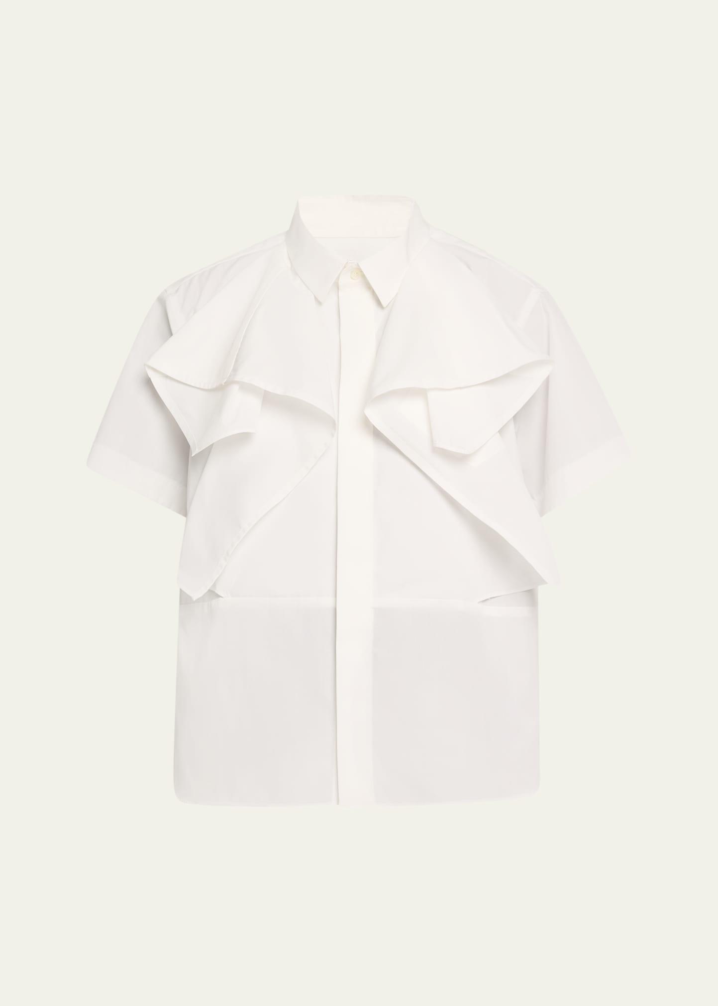 poplin ruffle shoulder short sleeve blouse