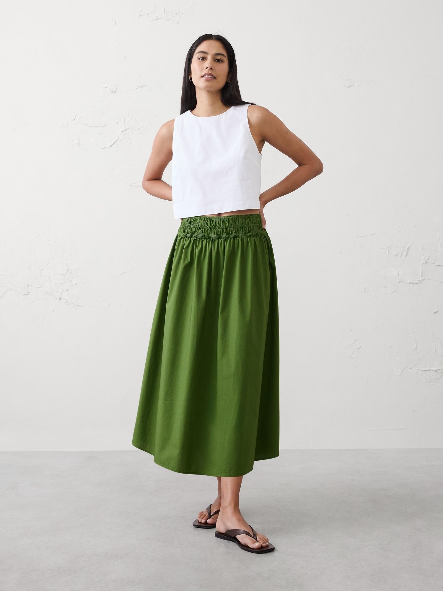 poplin smocked-waist midi skirt