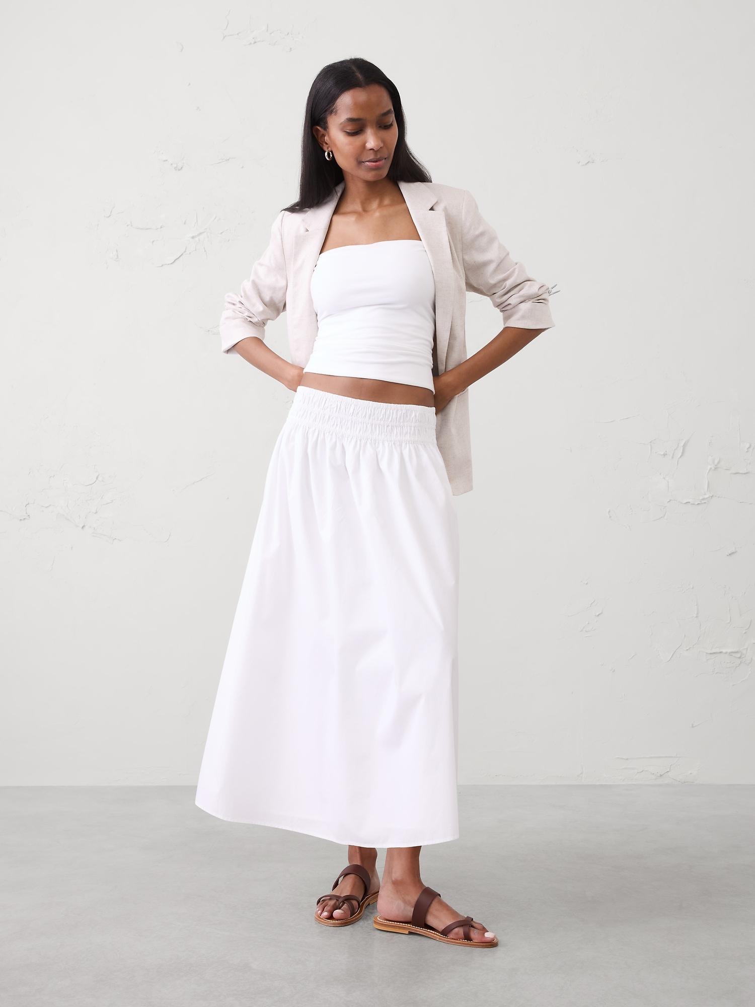 poplin smocked-waist midi skirt