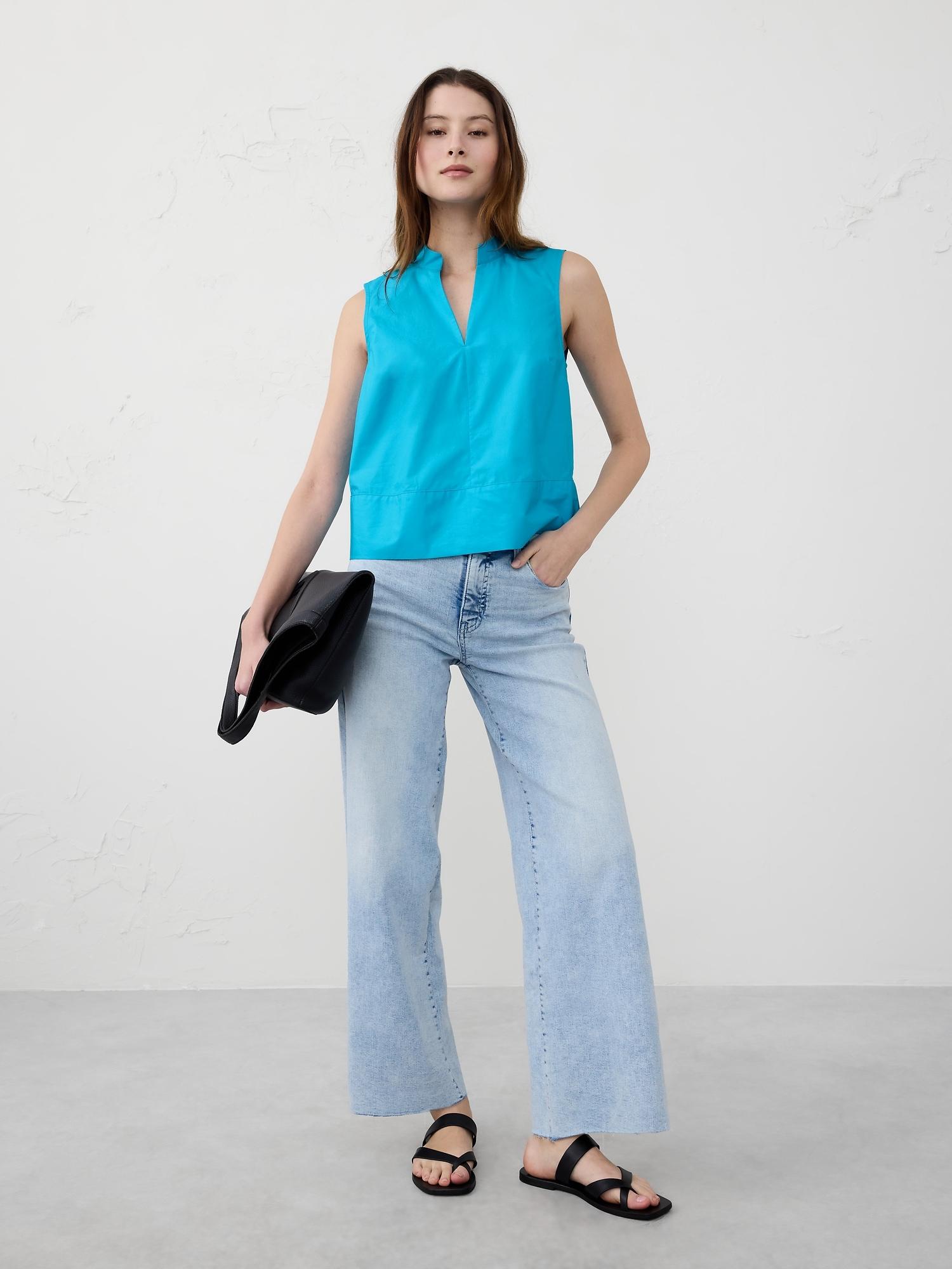 poplin split-neck top