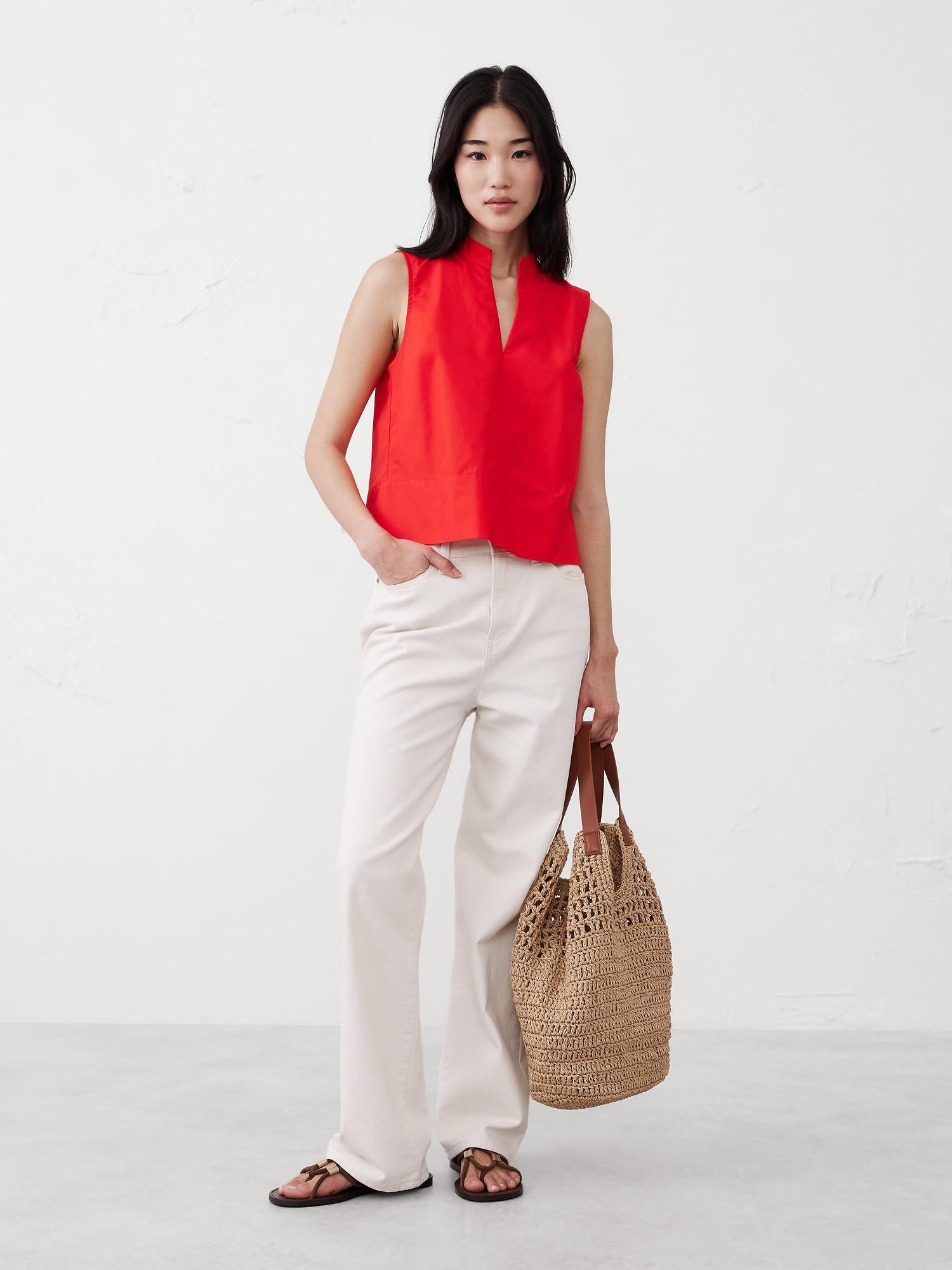 poplin split-neck top