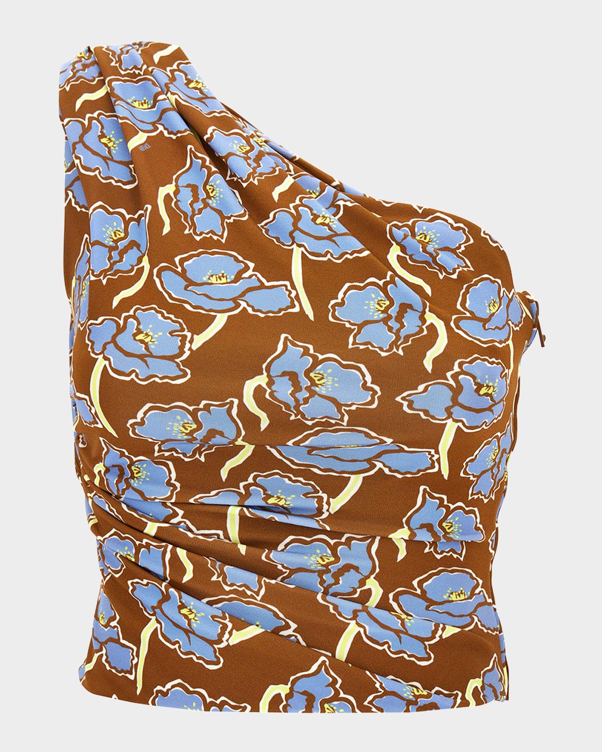 poppies-print crepe jersey one-shoulder crop blouse