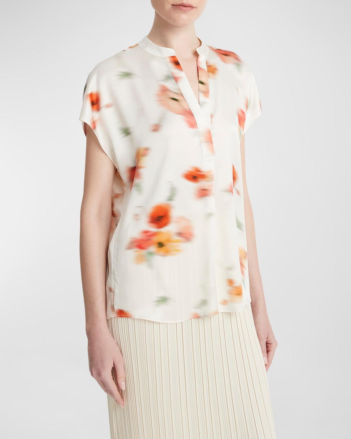poppy blur band-collar popover silk blouse