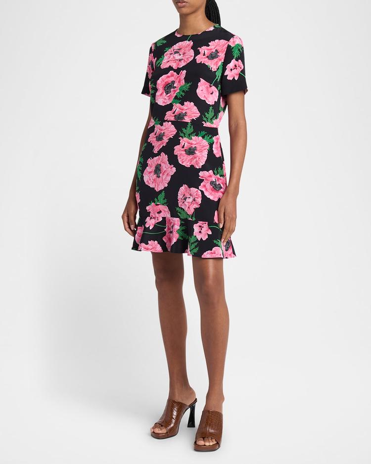 poppy-print short-sleeve ruffle mini dress