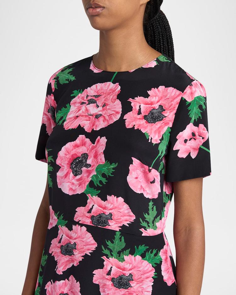 poppy-print short-sleeve ruffle mini dress