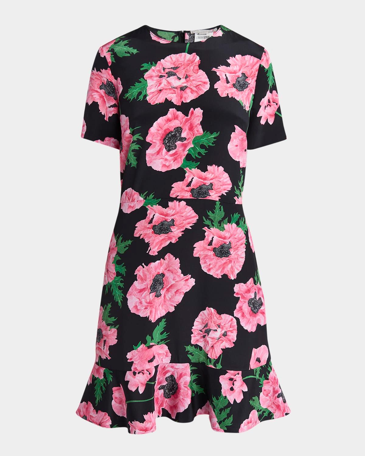 poppy-print short-sleeve ruffle mini dress