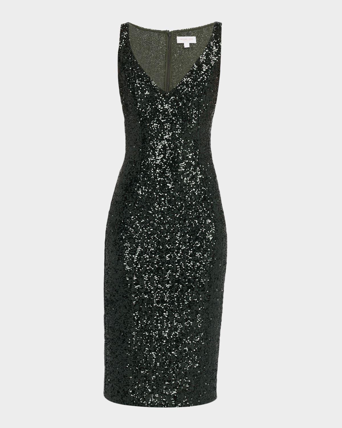 portrait-neck sleeveless sequined stretch dress