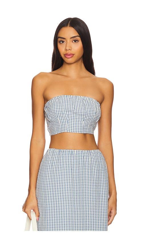 posse mira strapless crop top in baby blue.