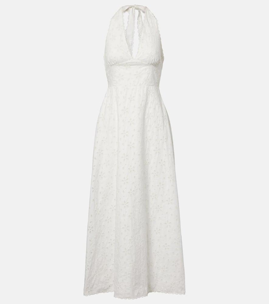 posse salma embroidered halterneck cotton midi dress