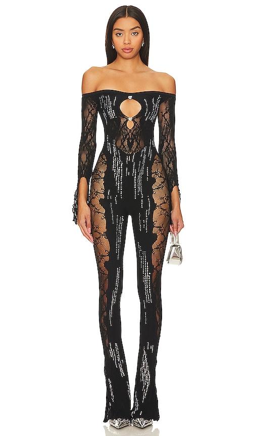 poster girl adella jumpsuit shapewear off the shoulder jumpsuit in black.