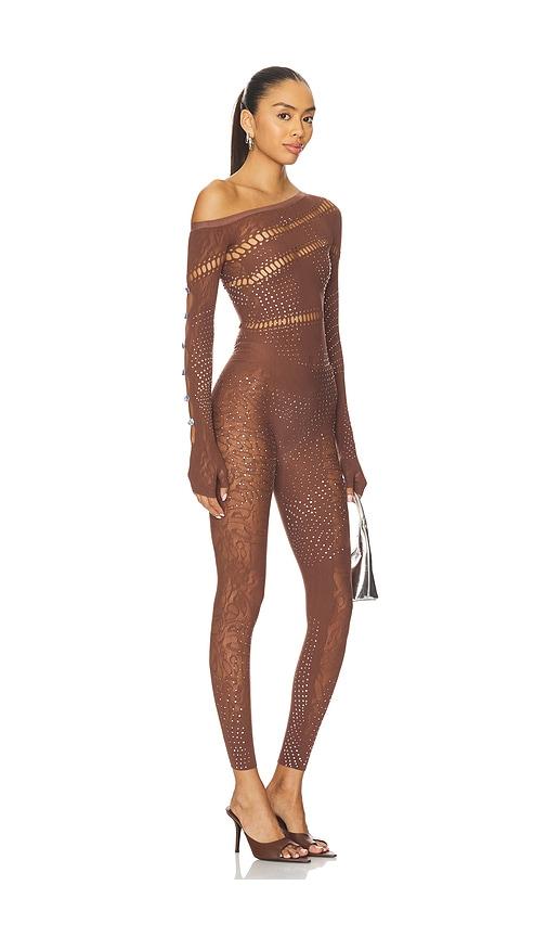 poster girl ivy long rhinestone jumpsuit in brown.