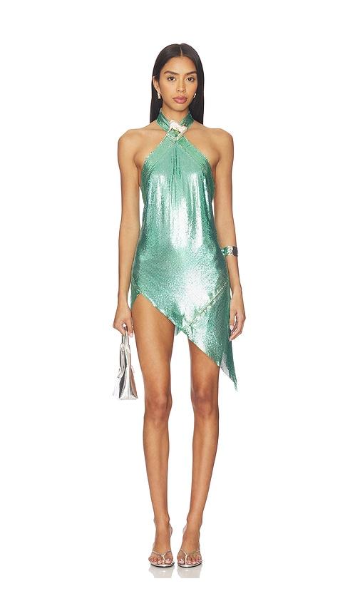 poster girl metallic chainmail halter buckle dress in green.