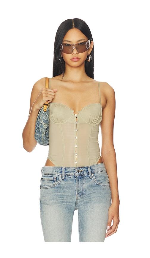 poster girl sheer gloss bodysuit in taupe.