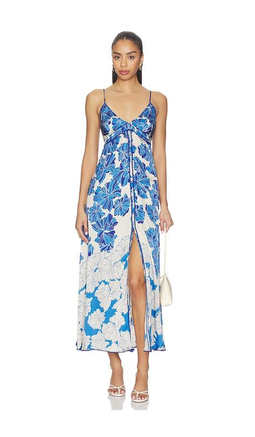poupette st barth denise long dress in blue,cream.