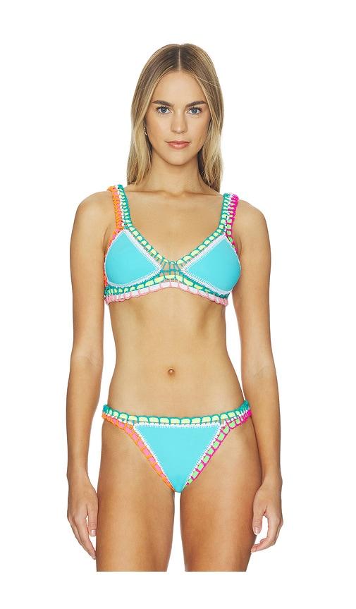 pq crochet bikini top in blue.