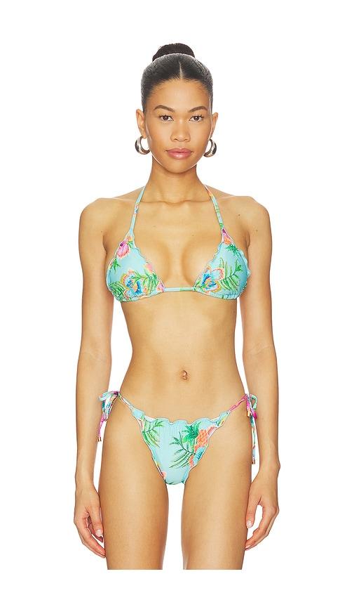 pq embroidered lettuce edge triangle bikini top in teal.