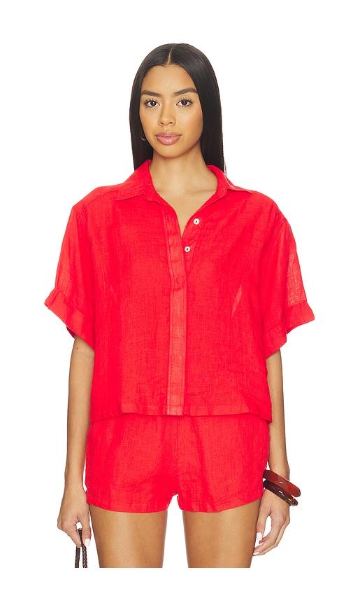 pq linen button up top in red.