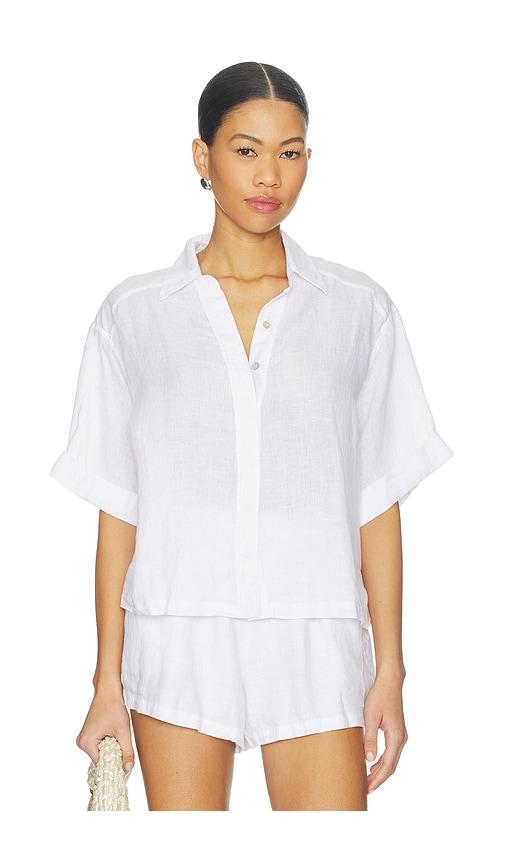 pq linen button up top in white.