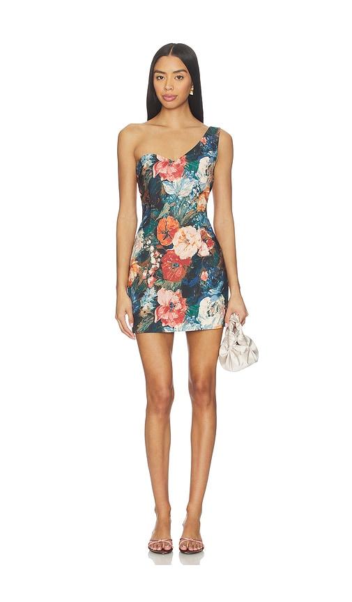 prabal gurung asymmetrical shoulder mini dress in blue,peach.