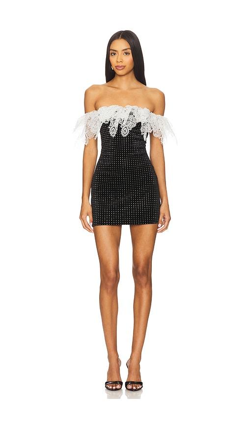 prabal gurung off-shoulder lace trim mini dress in black.