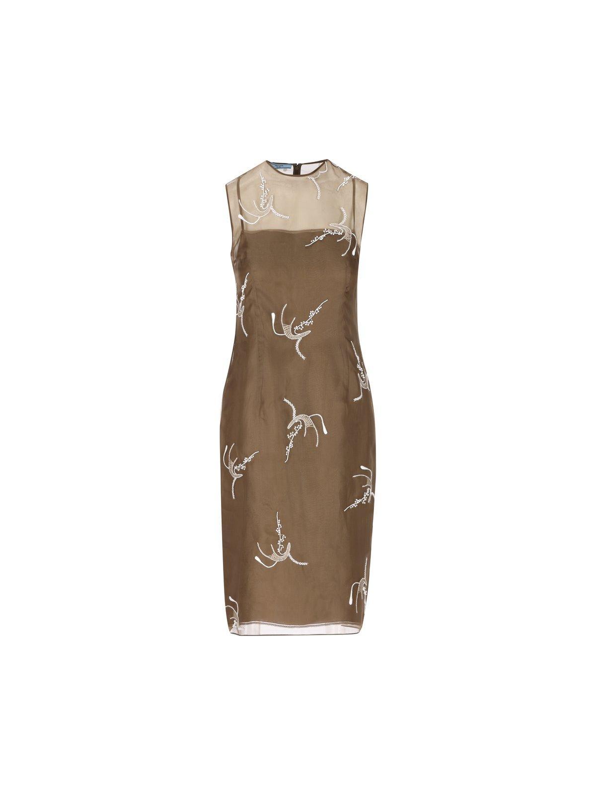 prada allover embroidered sleeveless midi dress