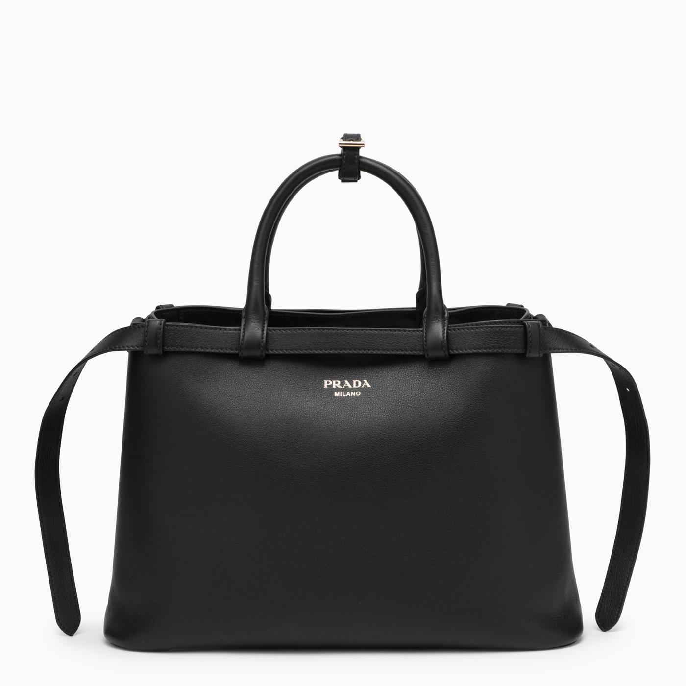prada black medium leather handbag with belt
