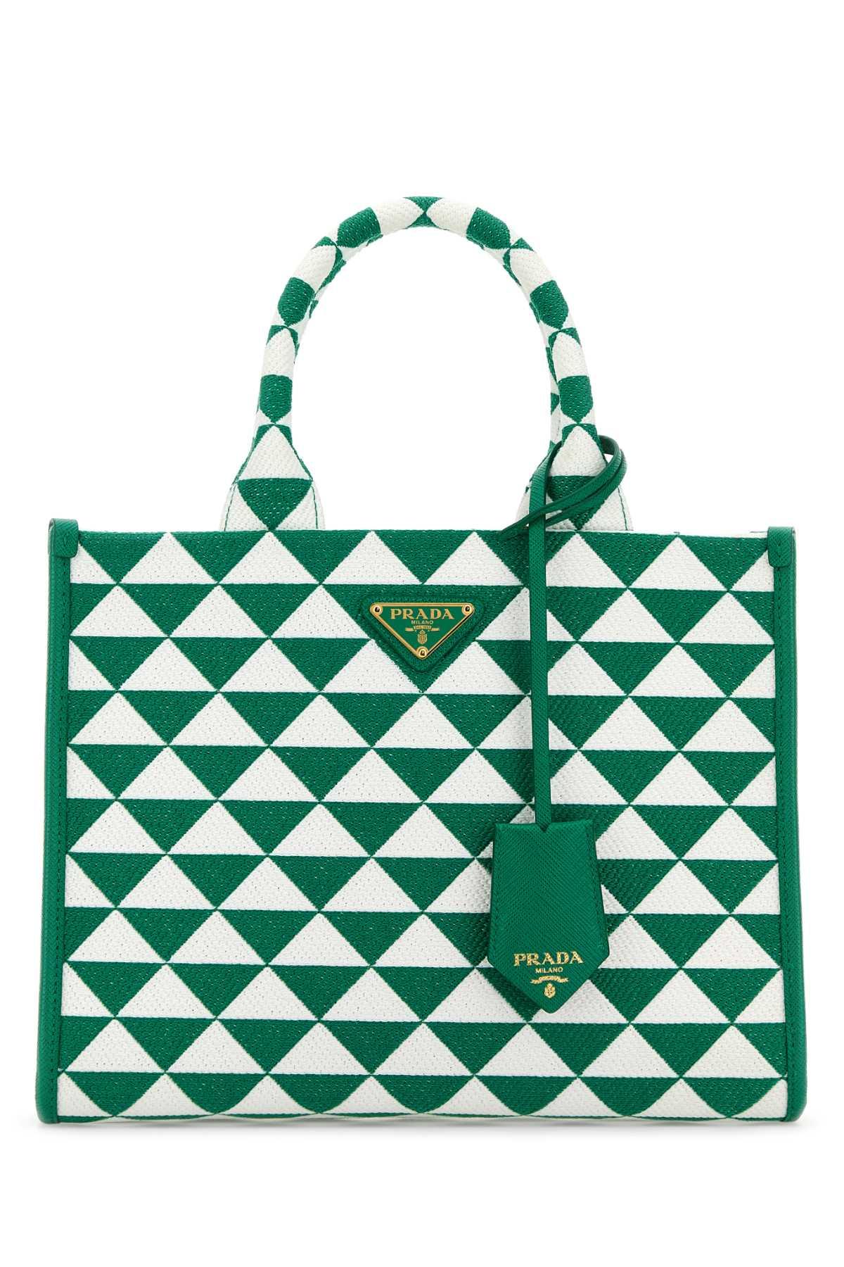 prada embroidered fabric small symbole shopping bag