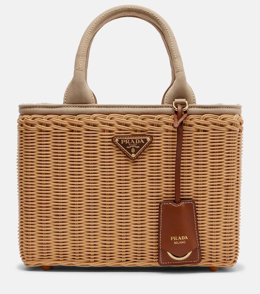 prada medium wicker and canvas tote bag