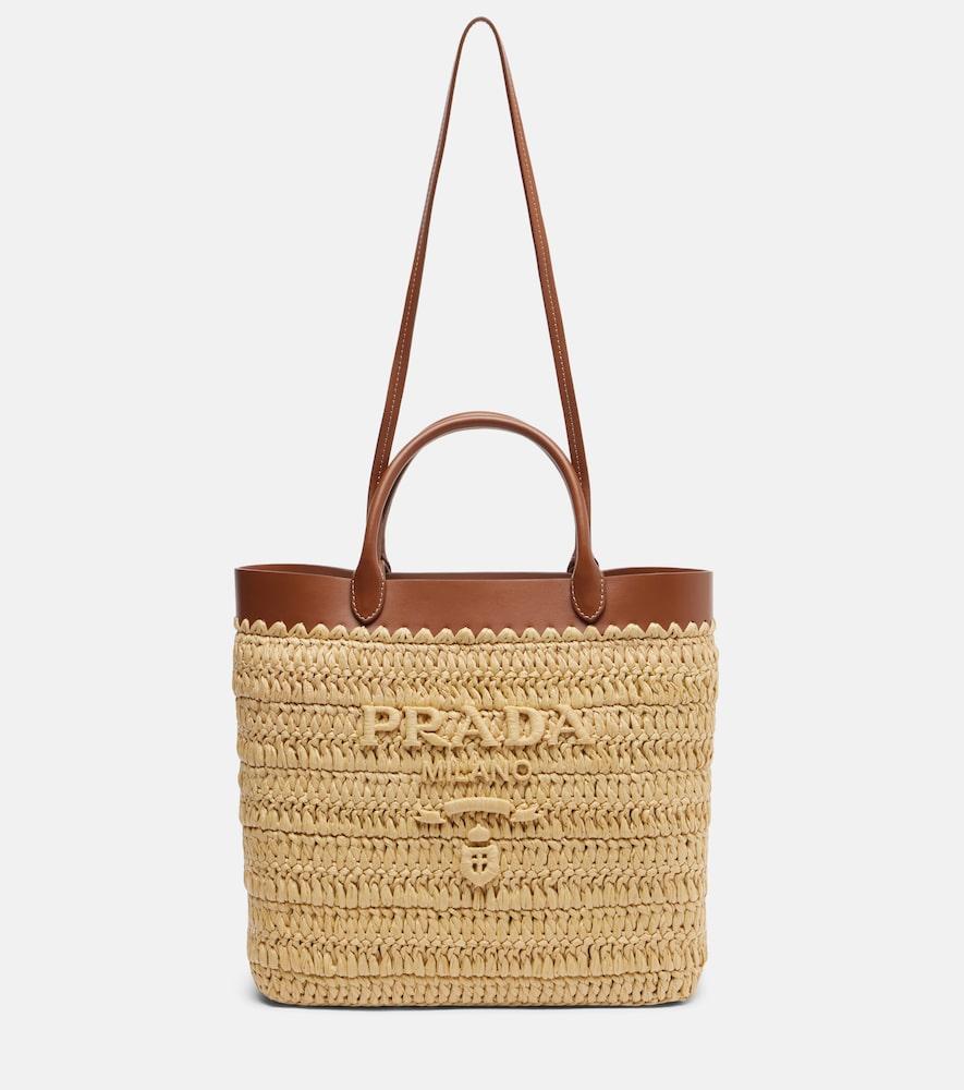 prada small crochet raffia tote bag
