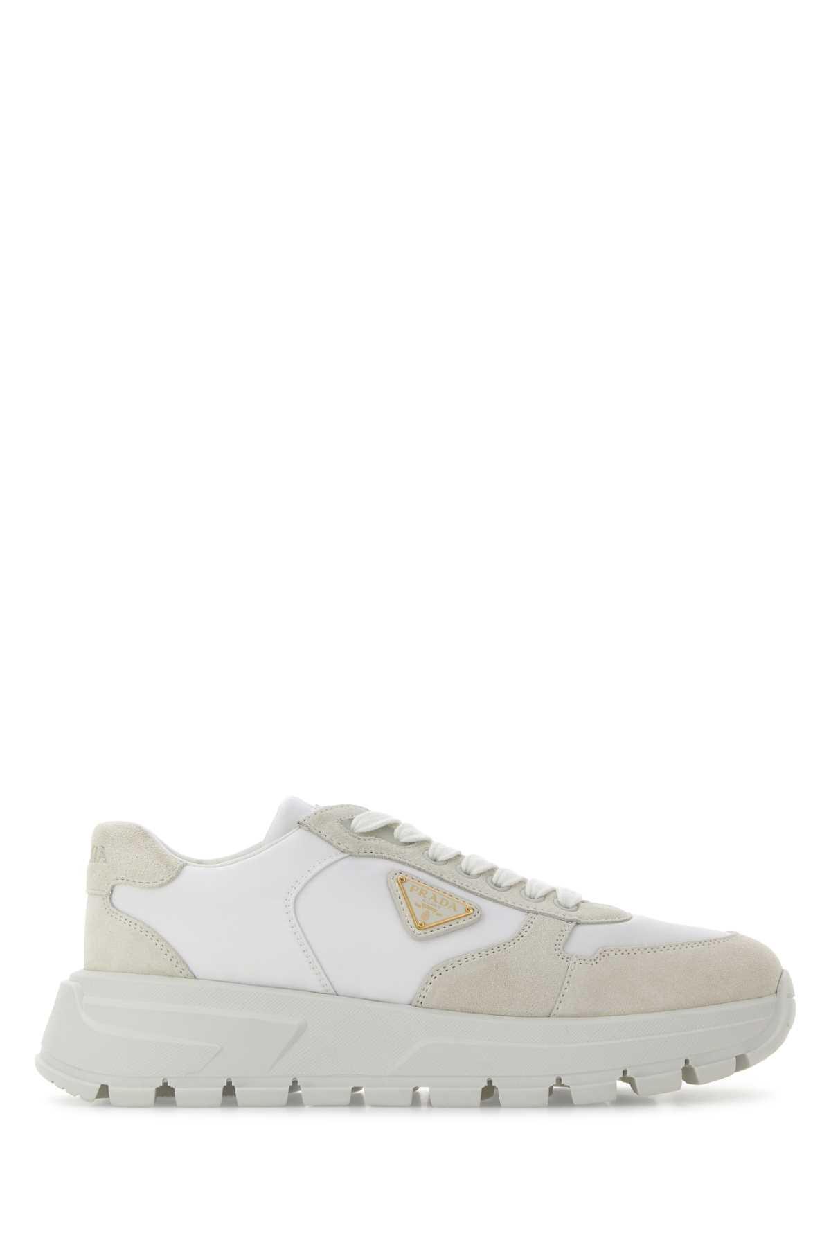 prada white suede and re-nylon sneakers