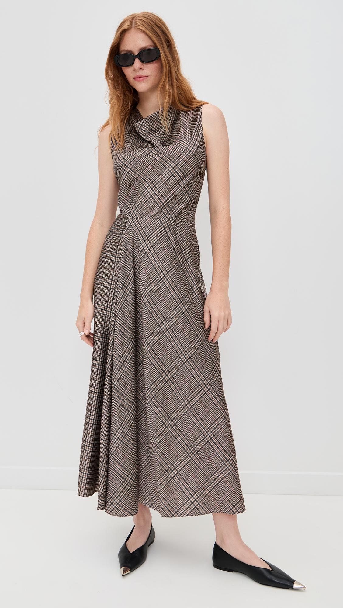 pressed plaid cowl neck dress