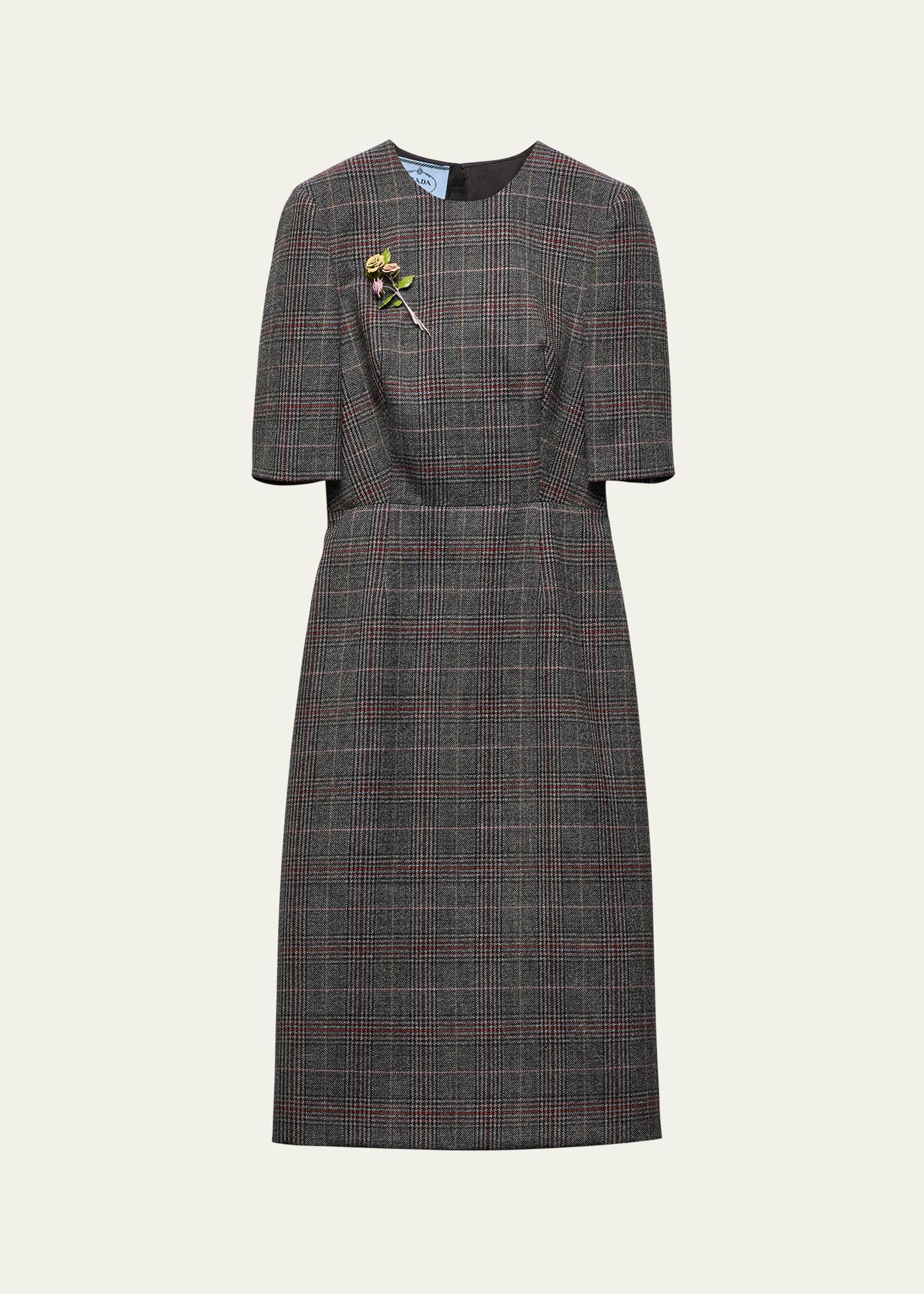 prince of wales check midi wool dress