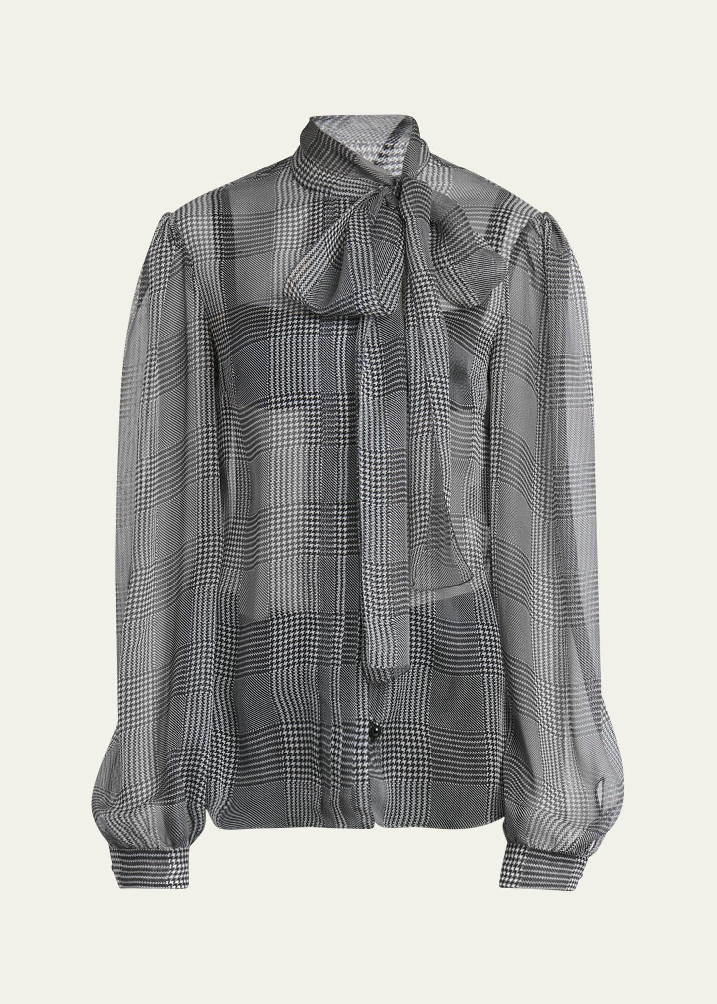 prince of wales printed silk chiffon blouse with tie neck